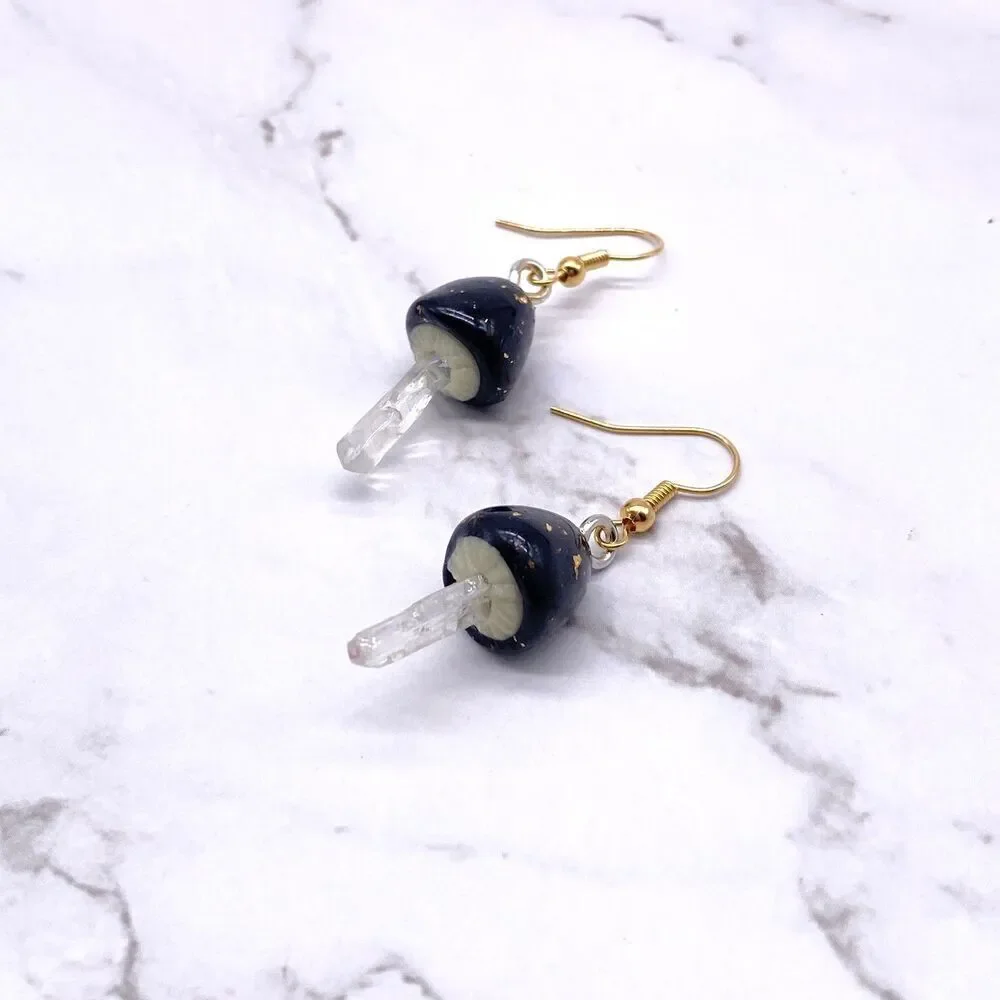 Black Mushroom Quartz Crystal Dangle wire hook polymer Clay Earrings